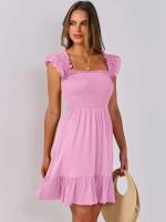 Vestido Mini de Verano Casual Boho para Mujer 2025 Cuello Cuadrado sin Mangas con Volantes de Cintura Swing A-e - details 15