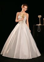 Vestido de novia de satén 2025, nuevo estilo, nupcial, pequeño, principal, francés, sin tirantes, de gama alta, hilo exterior blanco - details 9