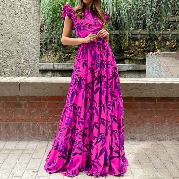 2025 Vestido con colgante de volantes largos y cuello redondo estampado para mujer con dopamina - 1