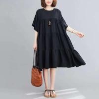 Verano de gran tamaño suelta tendencia algodón y Color sólido parece Midi ropa de mujer vestido fino Casual coreano - details 1