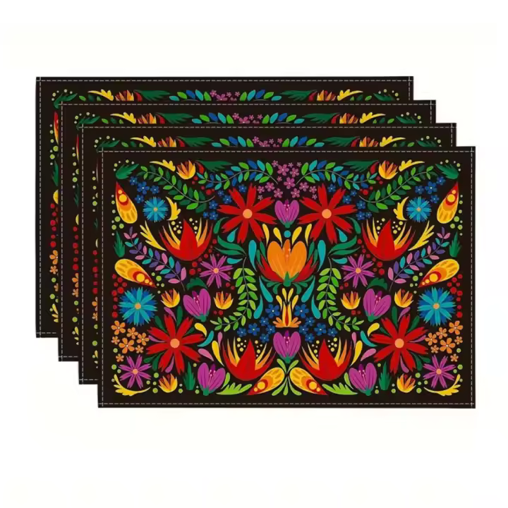 Manteles Individuales de lino con Mandala bohemio, manteles rectangulares con patrón tradicional mexicano, manteles geométricos, lavables, florales, para comedor, 4 Uds. - 1