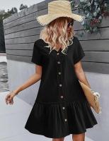 Vestido largo de algodón y lino para mujer, vestido de verano informal vintage con botones y cuello en V de manga corta suelta - details 10