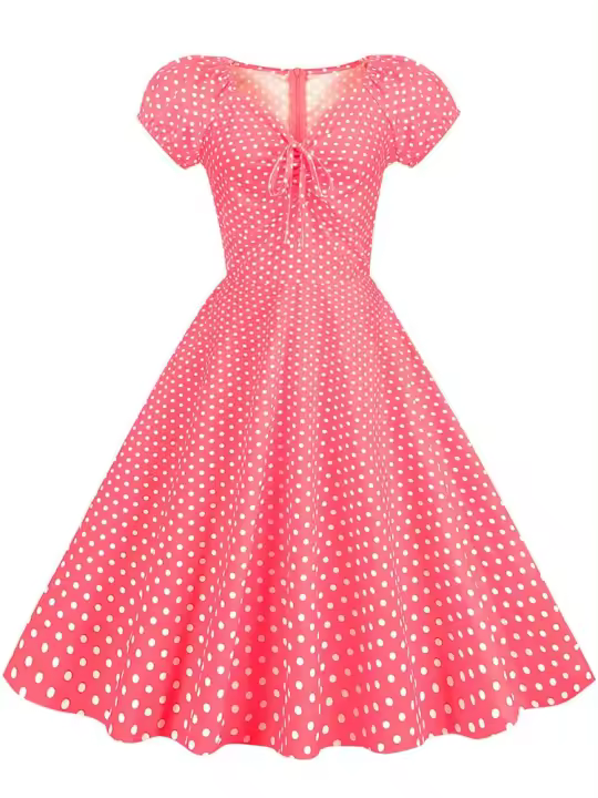 Vestido midi de fiesta informal con cuello en V y manga corta abombada de verano con estampado de puntos vintage elegante para mujer - 1