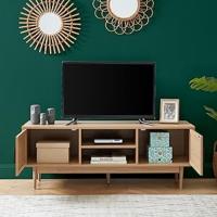 Mueble para TV, 130 cm, canaje real, madera, pasacables cables, almacenamiento, salón, comedor, beige