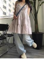 Retro coreano Sle Sweet Girl lindo Puffy Plaid encaje Halter pastel vestido de mujer chaleco Top algodón 00% primavera 2025 - details 2
