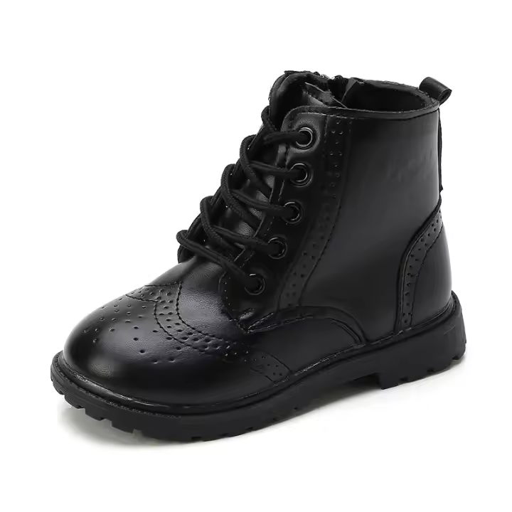 Botas de moda para niños y niñas, botines clásicos de cuero PU negro, con cordones cruzados, suaves, otoño, talla 21-37 - 1