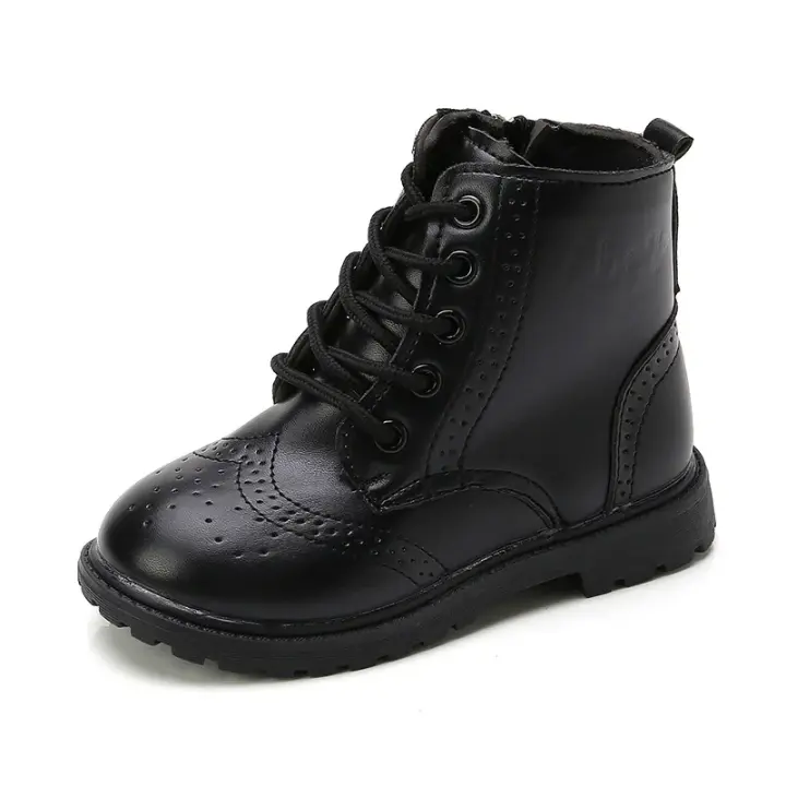 Botas de moda para niños y niñas, botines clásicos de cuero PU negro, con cordones cruzados, suaves, otoño, talla 21-37 - 1