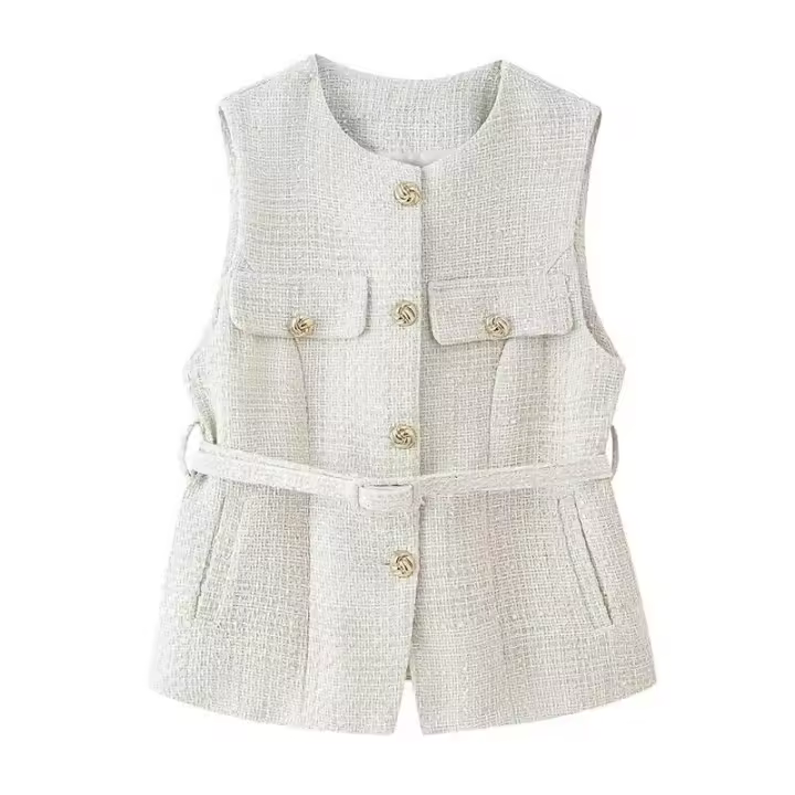 Chaleco sin mangas de tweed con una hilera de botones, cuello redondo y cinturón, ropa exterior para mujer, blusas elegantes 2025 - 1