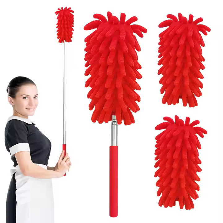 Plumero de Microfibra Cabezas Recargables Varilla Telescópica Lavable Ideal para Limpieza de Oficina, Coche, Ventanas, Muebles, Ventiladores Rojo - 1