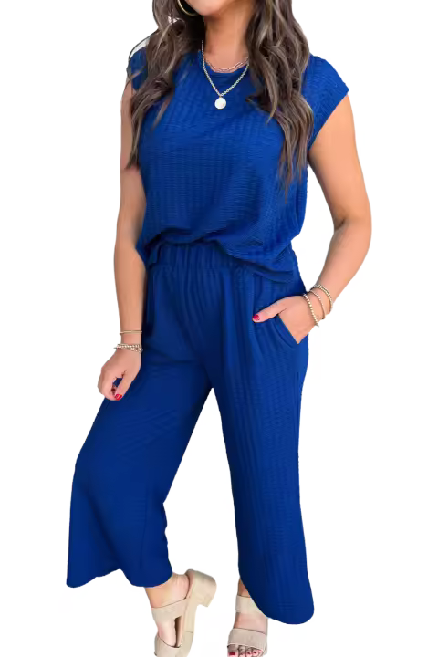 Conjunto Casual de Moda para Mujeres Elrachen Camiseta de Punto Texturado Azul Cielo y Pantalones de Pierna Ancha Tallas S-XL - 1