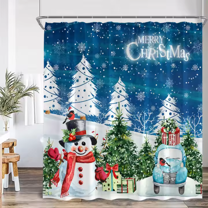 Cortina de ducha de Feliz Navidad, Papá Noel, muñeco de nieve, nieve, vacaciones de invierno, cortina de baño, decoración de bañera de poliéster de Feliz Año Nuevo - 1