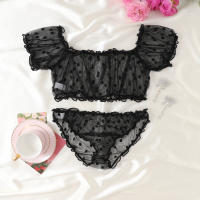 Conjunto de dos piezas Sexy erótico negro transparente con hombros rectos transparentes Babydolls sin entrepierna conjunto de ropa interior - details 2