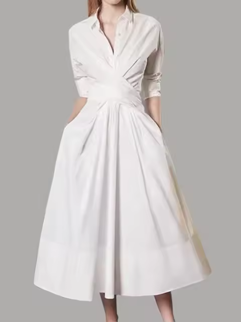 Primavera/Verano Vestido blanco de manga larga con cuello para mujer, vestido de noche - 1