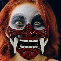 Máscara De media cara japonesa Hannya De mon Oni sam-uru NOH Kabuki Prajna Devil Cosplay - details 11