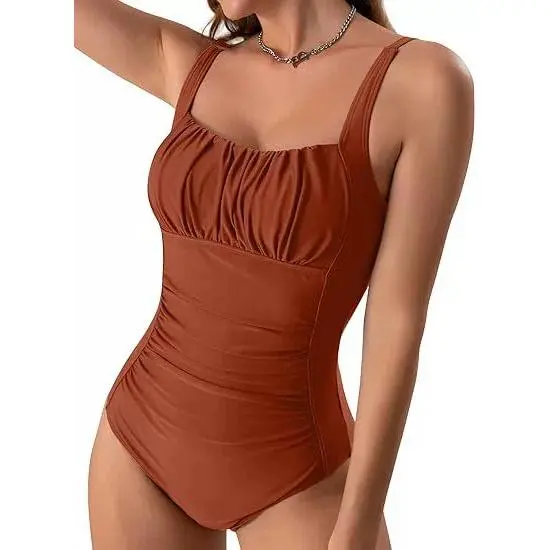 Traje de baño de una pieza para mujer, corte ajustado, plisado, cinturón alto, cuello en U, push up, ropa de playa, chaleco. - 1
