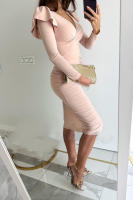 Vestido de manga larga de Color sólido con abertura y cintura cerrada con temperamento y cuello en V de verano 2025 para mujer - details 4