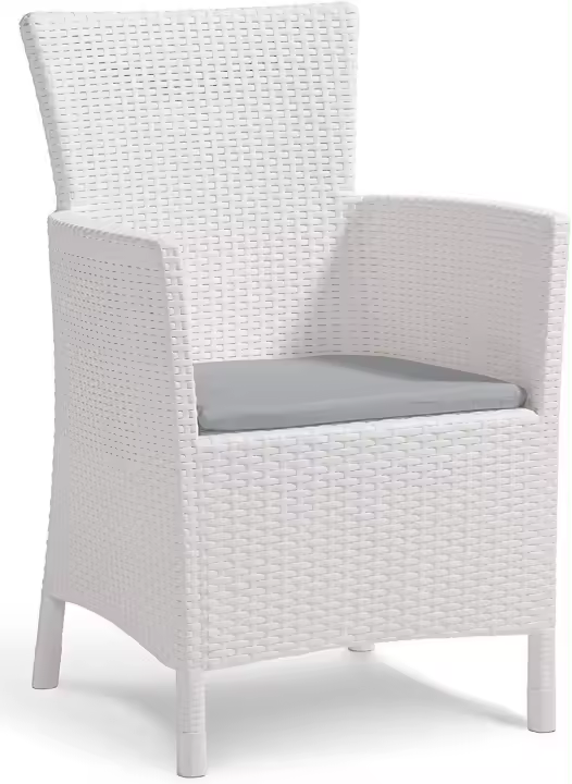 Sillón de jardín para exterior e interior con cojín incluido, Resina con acabado de ratán plano, Color Blanco - 1