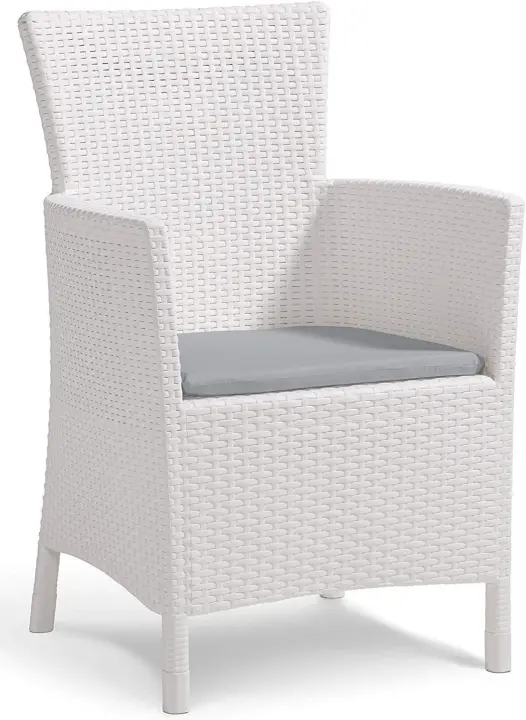 Sillón de jardín para exterior e interior con cojín incluido, Resina con acabado de ratán plano, Color Blanco - 1