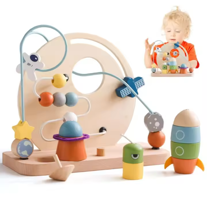 Juguetes Montessori de madera con temática de aviación para bebé, juguetes de planetas con cuentas, aprendizaje temprano - 1