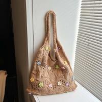 Bolso de hombro dulce bolso de mano de ganchillo con dije de flor, bolso tejido con hilo de flores transpirable, bolso tejido de gran capacidad de color caqui para playa - details 14