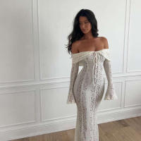 BUNO-Oligai elegante vestido ajustado con hombros descubiertos 2025 nuevo en blanco vestido largo de encaje con mangas acampanadas vestido de invitados de boda para mujer - details 2