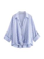 Camisa De Lino Mezclado Azul Con Rayas Estilo Académico Veraniego Para Mujer Casual Cuello En V Manga Tres Cuartos Ajuste Regular - details 1