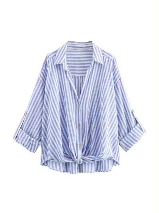 Camisa de lino mezclado azul con rayas estilo académico veraniego para mujer casual cuello en V manga tres cuartos ajuste regular - 1