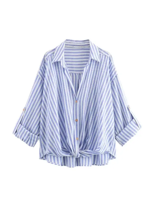 Camisa de lino mezclado azul con rayas estilo académico veraniego para mujer casual cuello en V manga tres cuartos ajuste regular - 1