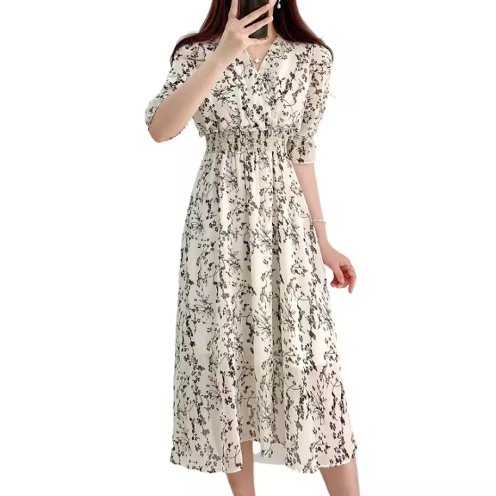 Retro Vintage Dresses New Basic Wear Cute Sweet Girls Women Black Chiffon Flower Print Long Dress Feminine Vestidos - 1