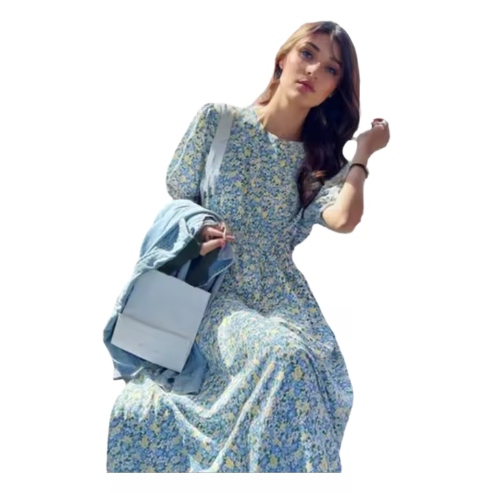 Vestido corpiño con mangas florales frescas para mujer, vestido largo romántico de estilo francés con temperamento suave, tejido de poliéster estampado - 1