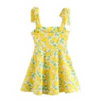 TRAFZA-Vestido corto sin hombros con estampado de frutas para mujer, minivestido elegante con cremallera, informal, con lazo, sin mangas, Verano - details 16