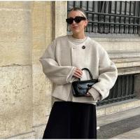 Elegante Abrigo de Lana Sólida para Mujer Cuello Redondo, Manga Larga, Ajuste Suelto, Moda de Ciudad Urbana de Otoño 2024 - details 1