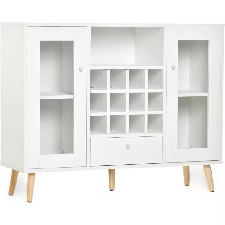 Botellero Cajón Estante Abierto 2 s Puertas Cristal Morno Comedor 100x33x80 cm Blanco - 1