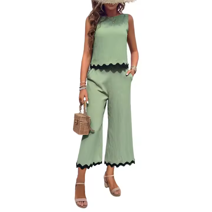 Conjuntos de verano sin mangas para mujer, trajes de 2 piezas, Tops con pantalones, Verde S - 1