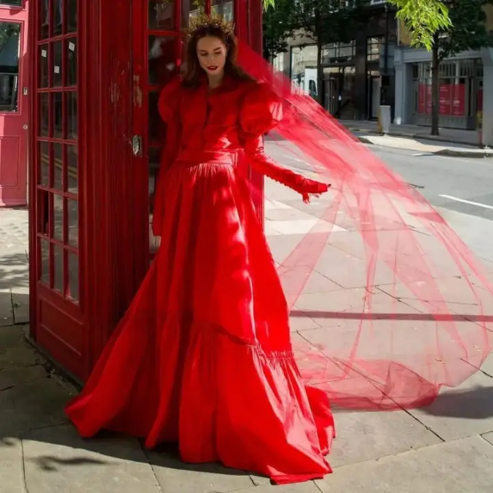 Velos de novia clásicos de hilo liso, velo largo de boda suave de 1 nivel con peine, accesorios de vestido de novia, negro y rojo - 1