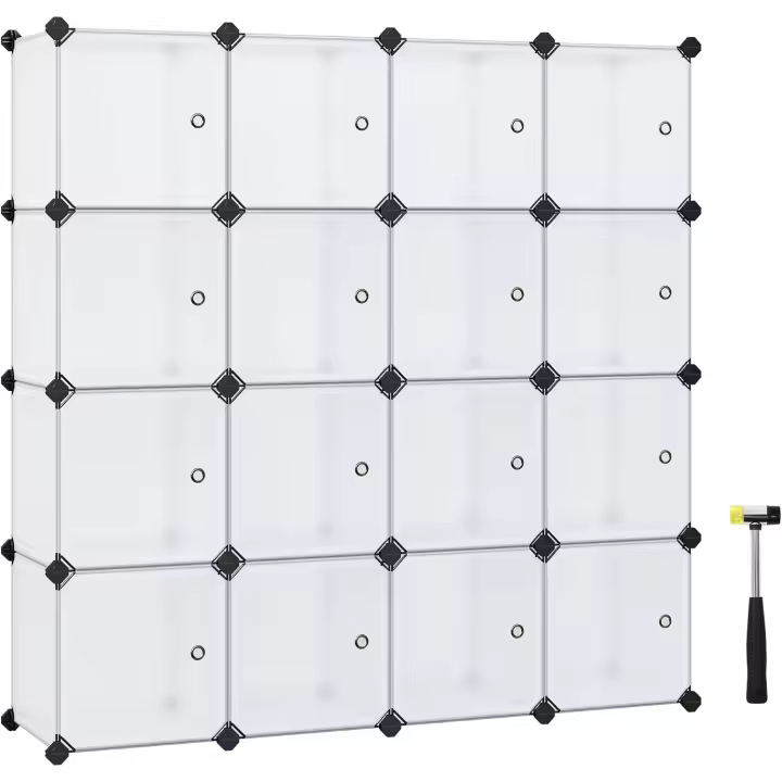 Unidad de almacenamiento de 16 cubos, zapatero, cubos apilables, armario de plástico, armario, con puertas, para dormitorio, oficina, fácil de montar, color blanco - 1