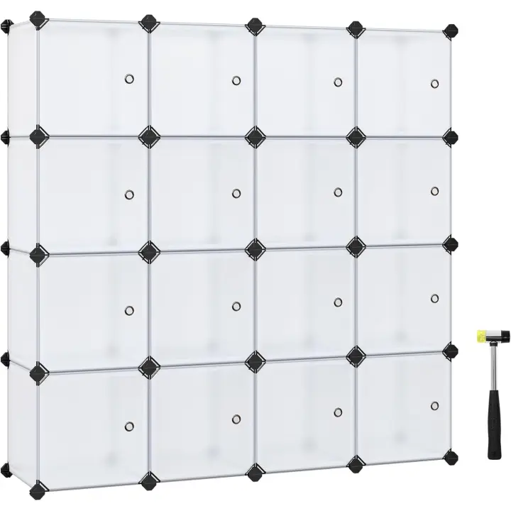 Unidad de almacenamiento de 16 cubos, zapatero, cubos apilables, armario de plástico, armario, con puertas, para dormitorio, oficina, fácil de montar, color blanco - 1
