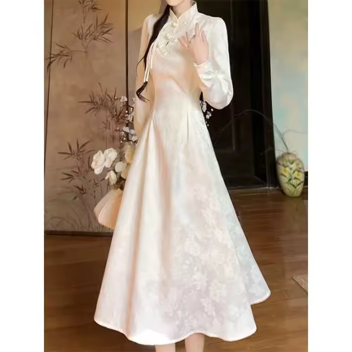 Ropa de mujer temperamento nuevo estilo chino largo primavera delgado suave sólido Jacquard vestidos elegantes - 1