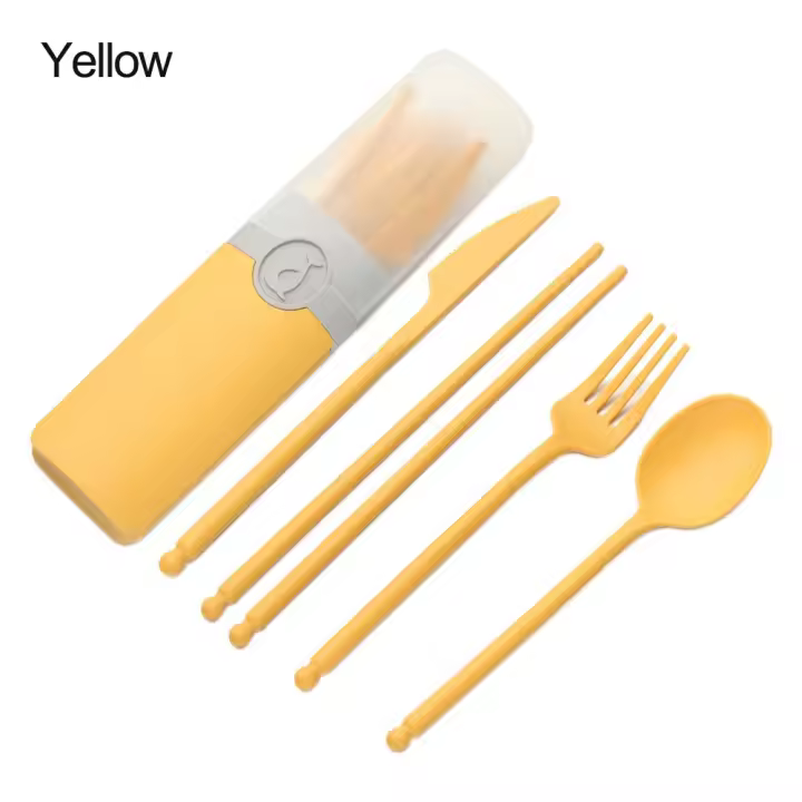 Juego de cubiertos de paja de trigo, cuchara portátil, tenedor, cuchillo, palillos con estuche, vajilla para oficina de estudiantes - 1