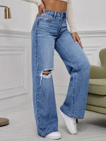 Pantalones rectos de pierna ancha, superventas, hasta la cintura, hasta el suelo, vaqueros rasgados para mujer, azul claro - details 3