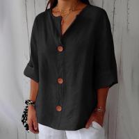 Camiseta de verano "Mujer 2025 con cuello en V, lino y algodón, holgada y transpirable, estilo boho-chic - Moda informal y elegante" "Mujer con cuello en V, algodón, transpirable, - Moda" - details 1