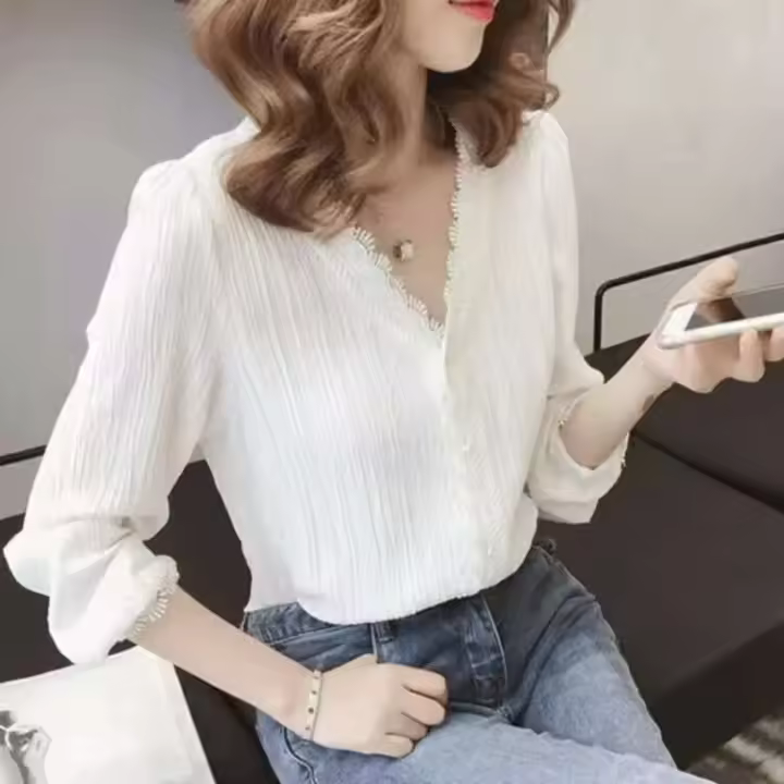 Blusa de encaje con cuello en V para mujer, diseño coreano de otoño, talla grande, manga larga, holgada, Color sólido, Tops con fondo a la moda, camisa informal - 1