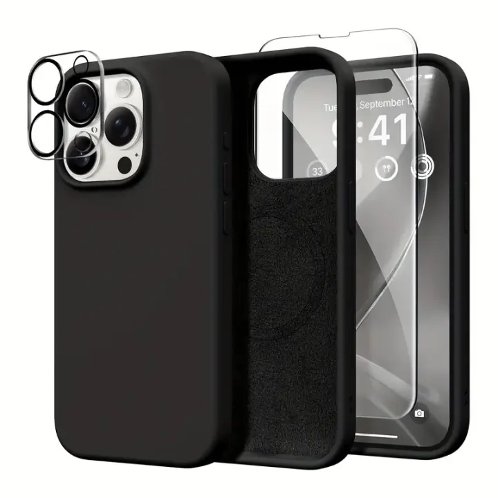 Funda Ligera de Silicona Líquida Magnética A Prueba de Golpes, Compatible con MagSafe, Protección de Pantalla y Cámara para iPhone 13/14/15 Pro/Plus/Pro Max Lining de Microfibra Suave Anti-Arañazos Material Exterior de Plástico - 1