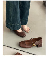 Zapatos Mary Jane retro franceses de mujer para la primavera 2025, boca poco profunda, punta cuadrada, tacón medio grueso con falda, boca poco profunda, zapatos individuales. - details 3