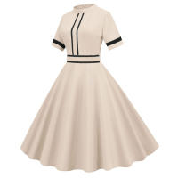 Solid women summer elegant short sleeve stand collar vintage a-line midi long party dress - details 35