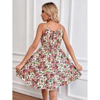 Vestido corto de verano nuevo elegante sin mangas con estampado y correa elástica en la cintura para mujer. - details 17