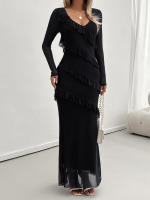 Vestido de malla con cuello en V, elegante y entallado, de manga larga para mujer, otoño invierno - details 23