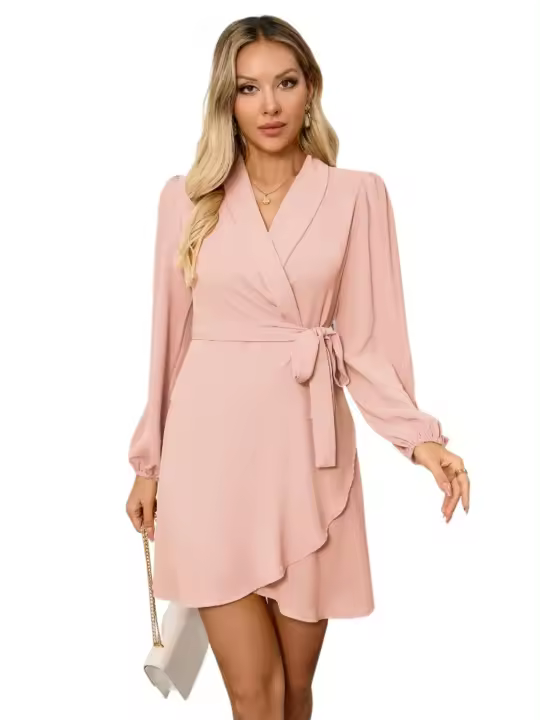 Elegante Vestido Corto para Mujer con Cuello en V Color Sólido Manga Larga - 1