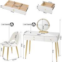 Tocador Maquillaje con Espejo de Luz Regulable en 3 Niveles, Tocador con 3 Cajones, Escritorio Grande 100x40 cm, Silla Ajustable en Respaldo de Terciopelo, Blanco+Crema+Dorado, MB6105ws - details 3