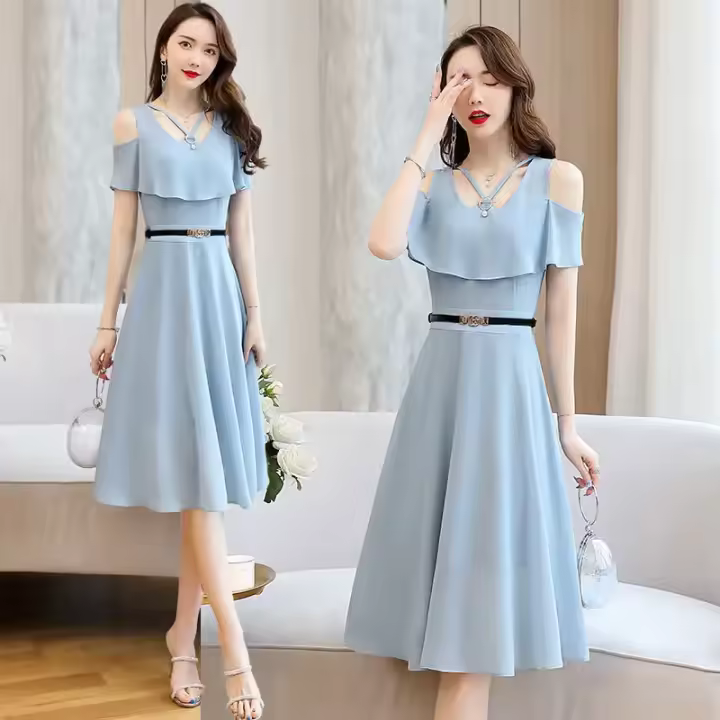Vestido de gasa para mujer, novedad de verano, falda de hada ajustada de longitud media con cintura ajustada y hombros descubiertos - 1